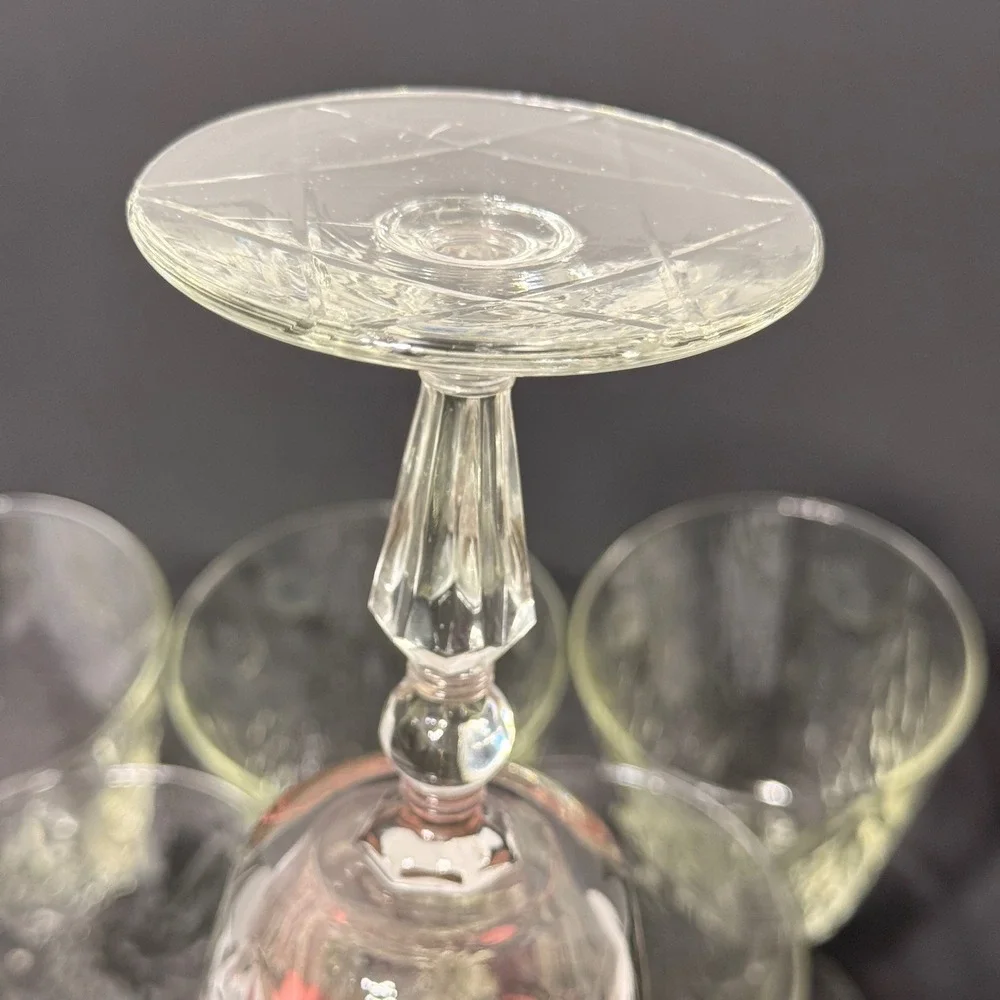 Vintage Libbey Rock Sharpe Crystal Wine Glass Water Goblet Set 6 Etched Floral
